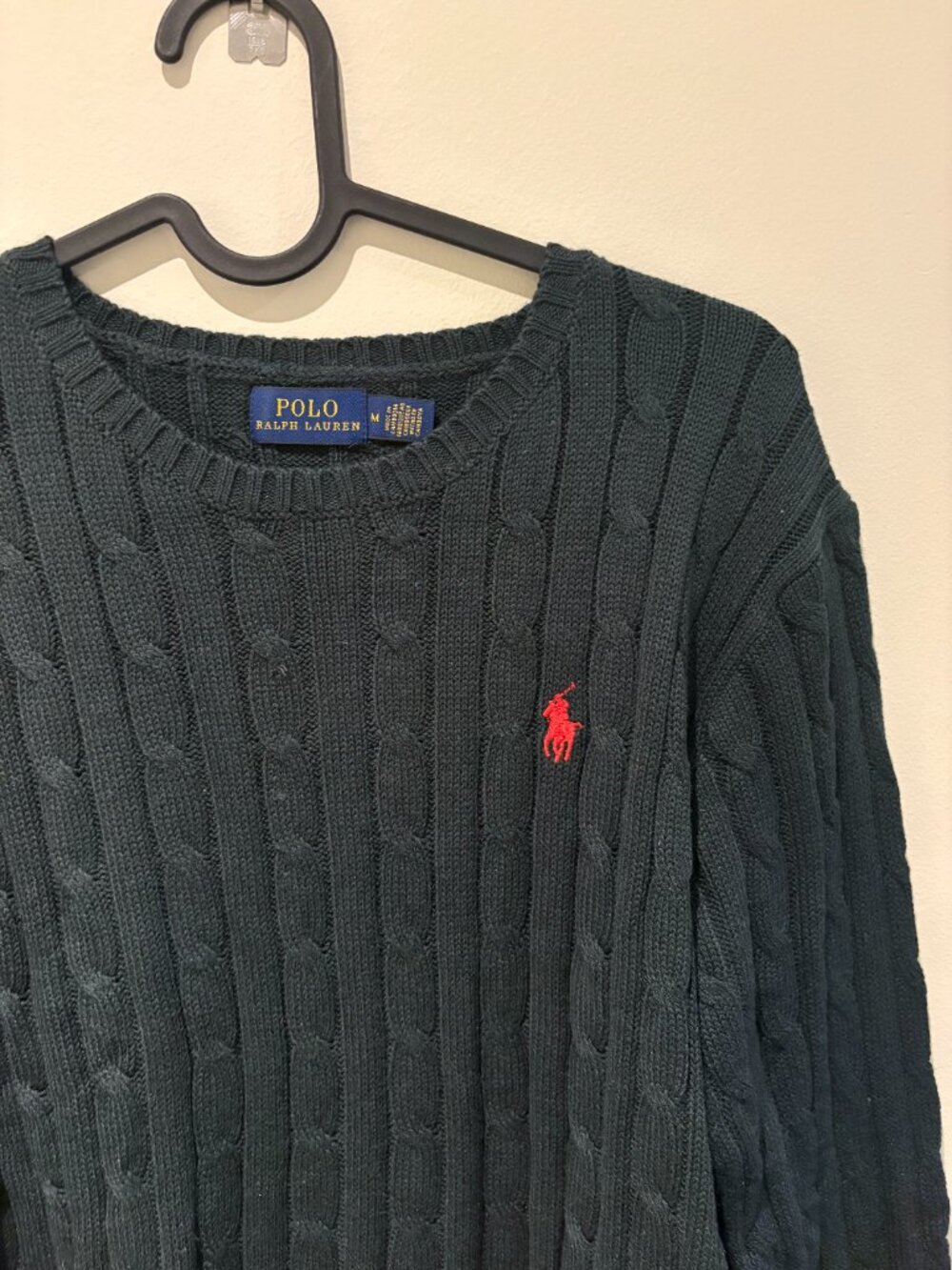 Polo Ralph Lauren Cable Knit Cotton Sweater Dark Green Red Pony - Picture 2 of 10